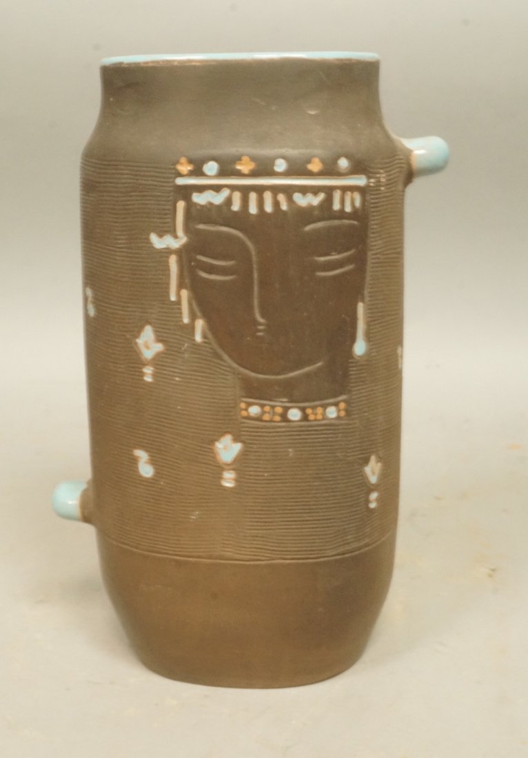 Pottery Modernist Vase. Brown Pottery with incise: Pottery Modernist Vase. Brown Pottery with incised female face and turquoise glaze highlights. Marked. -- Dimensions: H: 10 inches: W: 5.5 inches: D: 3.5 inches --- US Shipping charge: $35