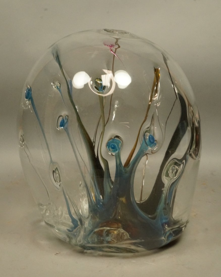 PETER BRAMHALL Art Glass Orb. Large Blown Glass ": PETER BRAMHALL Art Glass Orb. Large Blown Glass "Bubble" with Web-like interior details. Engraved signature & April 10, 1983. -- Dimensions: H: 15 inches: W: 11 inches: D: 11 inches --- US Shipping ch