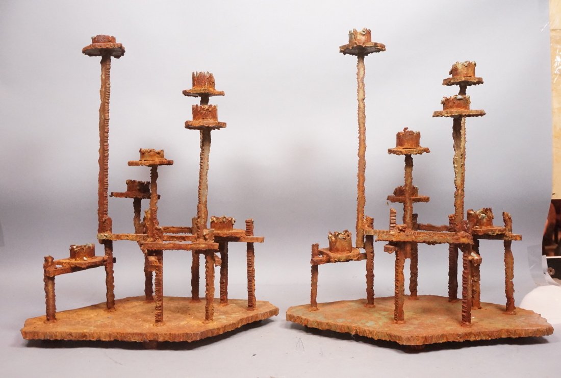 Pr Brutalist Large Rusted Iron Candle Holders. Ea (1 of 10)
