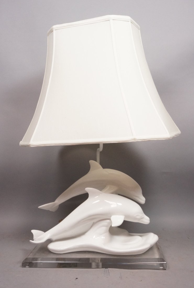 Double Dolphin Porcelain Table Lamp. Lucite Base. (1 of 8)