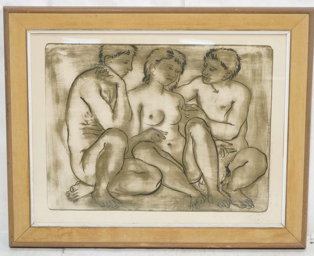 Hans Erni Print. "To fit in the new house of Ron": Hans Erni Print. "To fit in the new house of Ron" Three Friendly Nude Seated Figures. Threesome. Pencil Signed. Dated 57. #72/95. -- Dimensions: Image Size: H: 28.5 inches: W: 37.5 inches ---