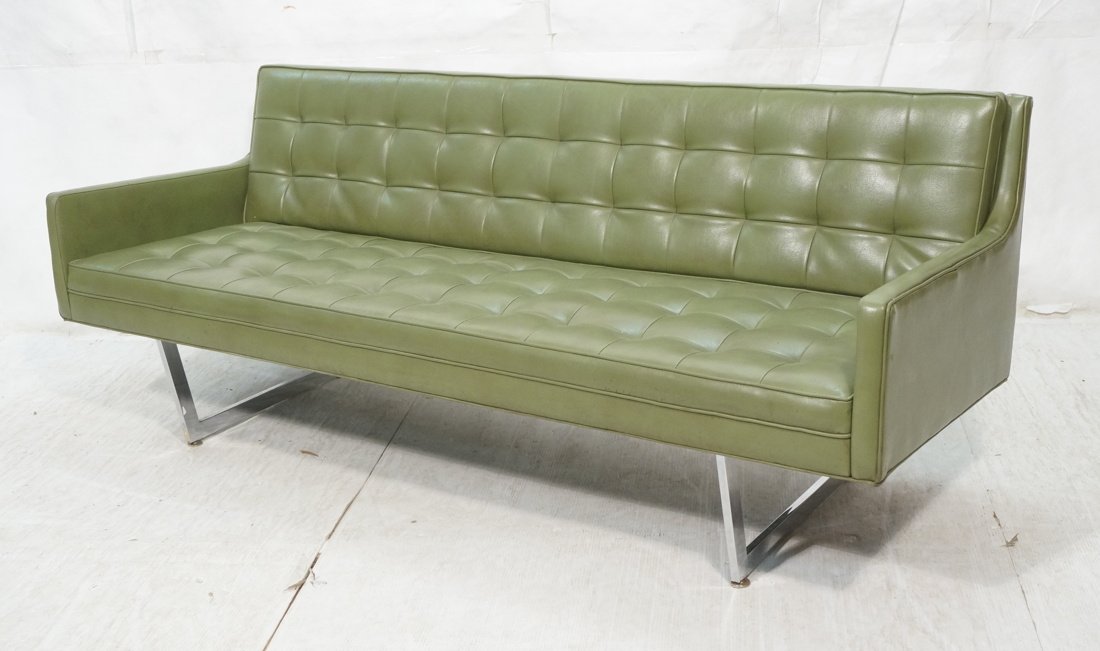 Olive green modernist vinyl sofa couch. Tufted vi (1 of 10)