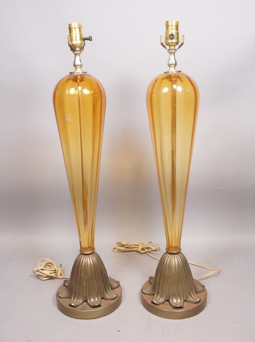 Pr Amber Glass Reverse Teardrop Table Lamps. Deco (1 of 8)