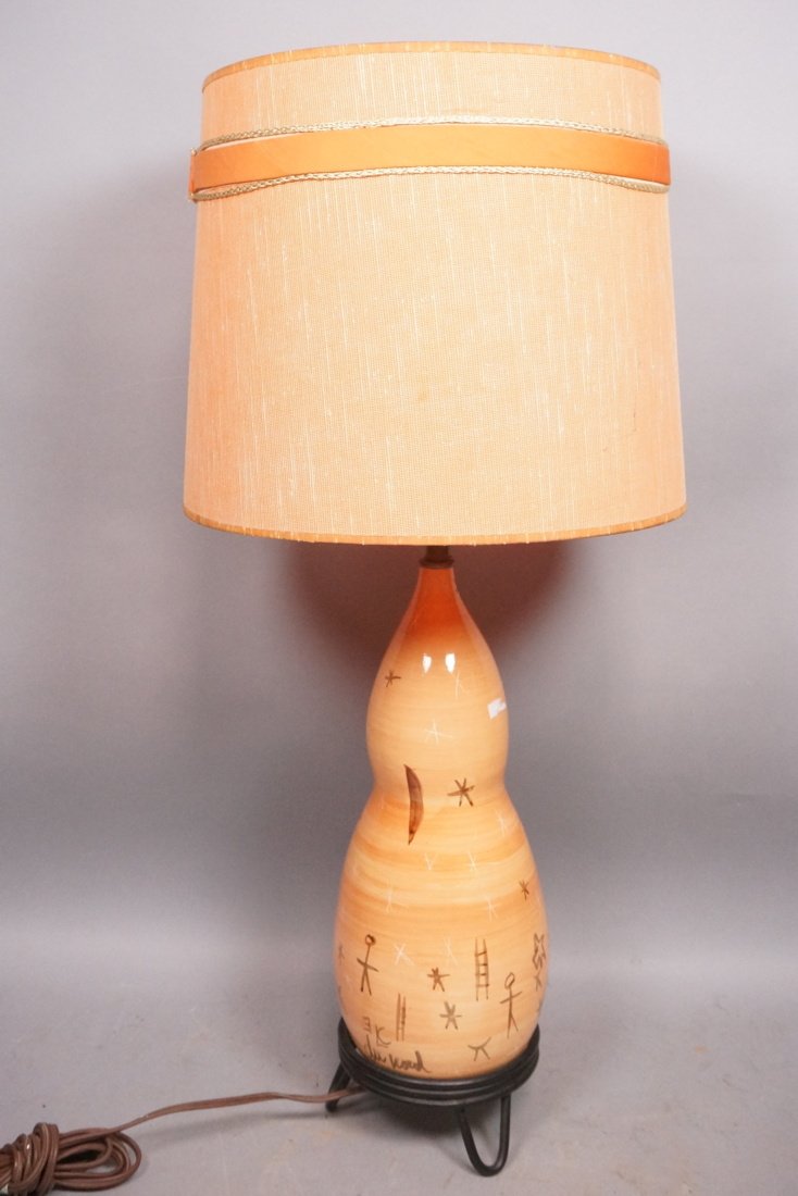 Pottery Table Lamp. Peach color with decorative f (1 of 8)