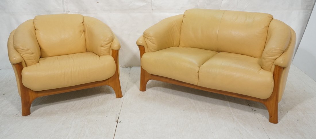 2pc Danish Teak Tan Leather Love Seat & Chair. Sl (1 of 9)