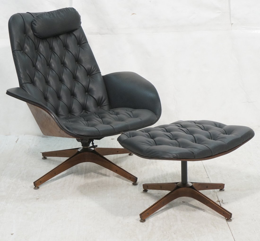 2pc PLYCRAFT Lounge Chair & Ottoman. Black Vinyl: 2pc PLYCRAFT Lounge Chair & Ottoman. Black Vinyl on Walnut frame. Marked.-- Dimensions: H: 36 inches: W: 36 inches: D: 30 inches ---