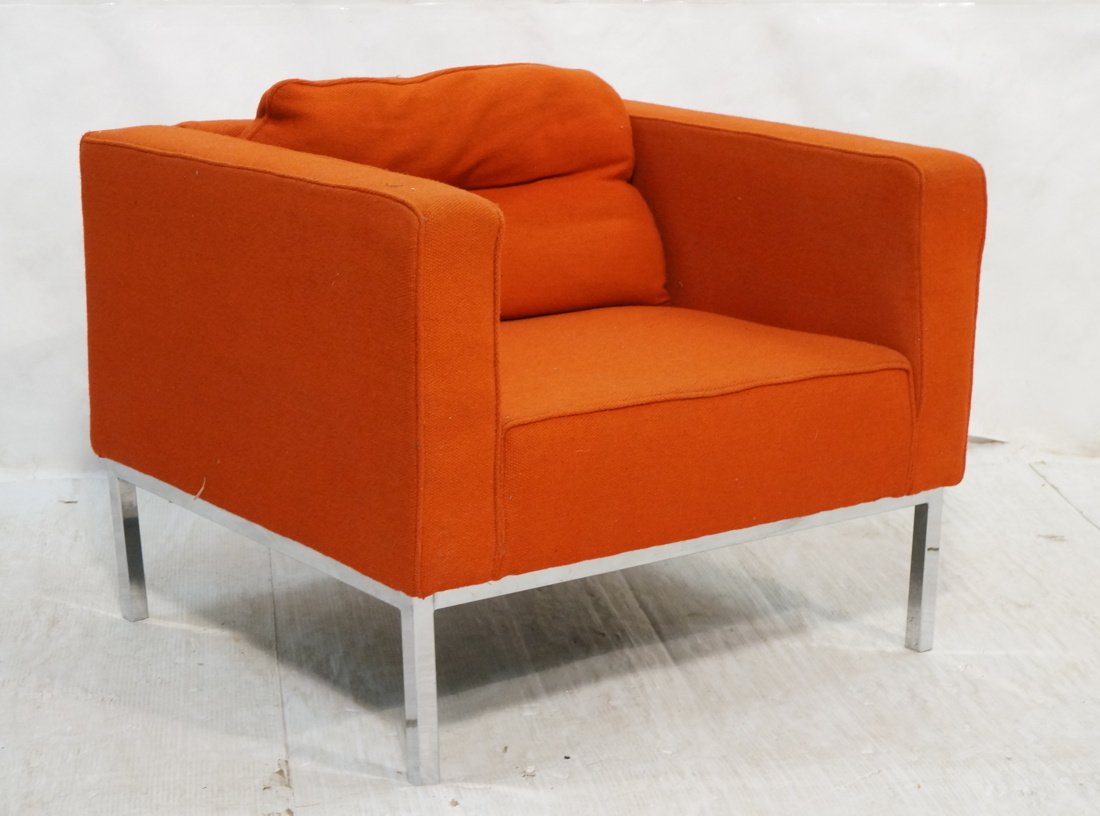 Selig Cube Lounge Chair. Red upholstery and chro: Selig Cube Lounge Chair. Red upholstery and chrome square tube frame. -- Dimensions: H: 28 inches: W: 32 inches: D: 29 inches ---