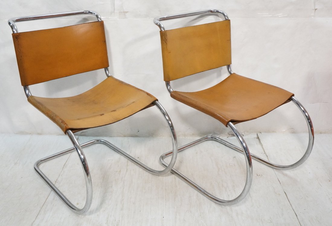 Pr KNOLL by MIES VAN DE ROHE MR Lounge Chairs. Tu: Pr KNOLL by MIES VAN DE ROHE MR Lounge Chairs. Tubular Chrome Frame. One has light brown; One has tan leather. Both have labels. -- Dimensions: H: 30.5 inches: W: 18.5 inches: D: 19 inches ---