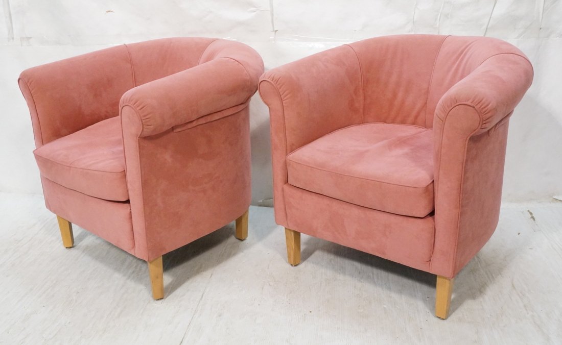 ROCHE BOBOIS Pink Ultra Suede Barrel Back Lounge: ROCHE BOBOIS Pink Ultra Suede Barrel Back Lounge Chairs. Light wood legs with metal caps. Marked. -- Dimensions: H: 30.5 inches: W: 29 inches: D: 28.5 inches ---