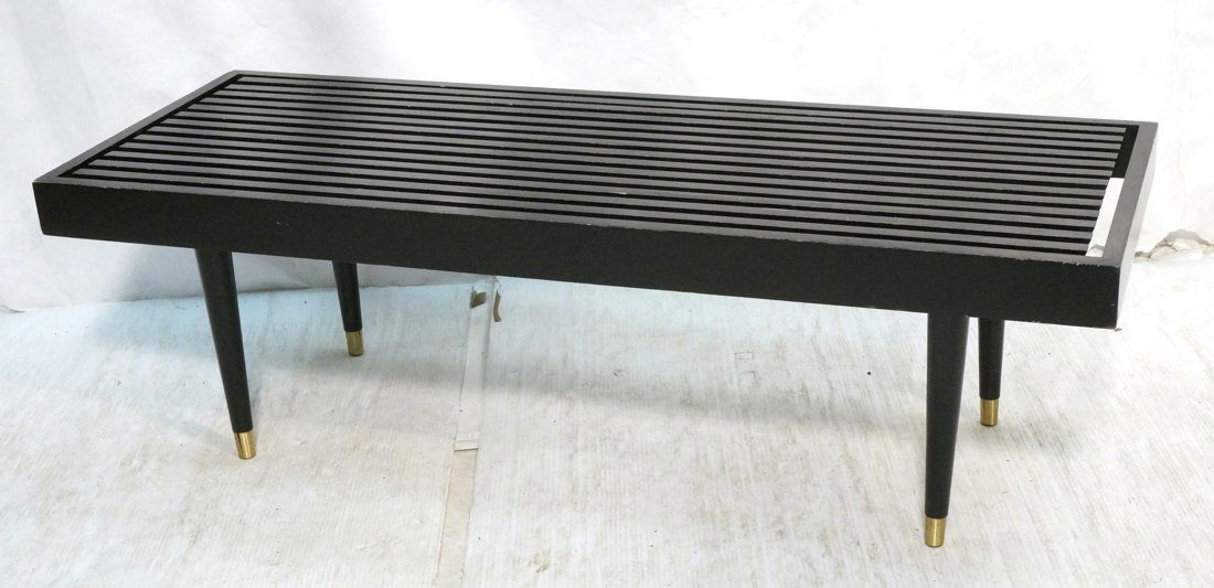 Ebonized Slat Bench Table. Metal cap feet.: Ebonized Slat Bench Table. Metal cap feet. -- Dimensions: H: 14.5 inches: W: 48 inches: D: 18 inches ---
