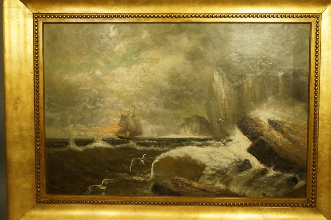 M. E. KING Oil on canvas. Stormy Seascape. Ship.: M. E. KING Oil on canvas. Stormy Seascape. Ship. Seagulls. Antique Oil Painting. Signed. -- Dimensions: Image Size: H: 19.5 inches: W: 30 inches ---