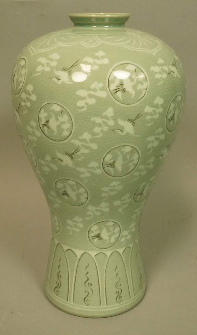 Celadon Crackle Glaze Korean Vase. Crane & Cloud (1 of 4)