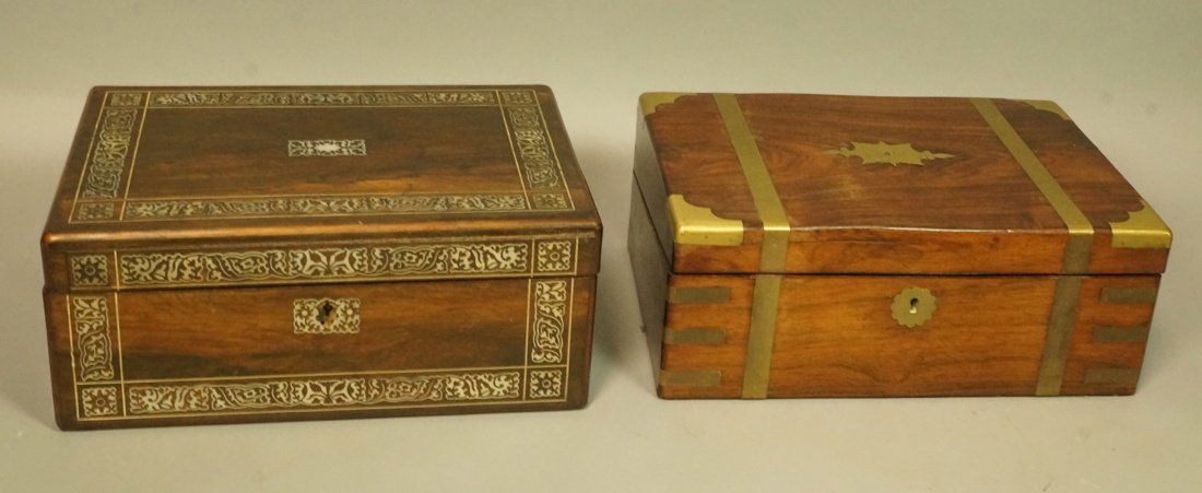 Lot 2 Antique Boxes. 1) Wood Box with intricate M (1 of 9)