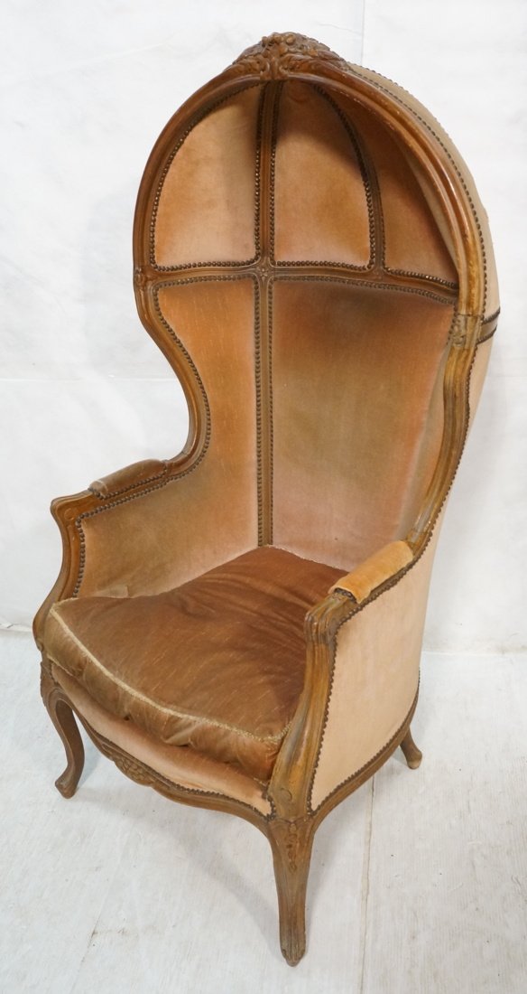 French Style Hooded Lounge Chair. Floral Carved: French Style Hooded Lounge Chair. Floral Carved Frame.-- Dimensions: H: 57 inches: W: 26.5 inches: D: 25.5 inches ---