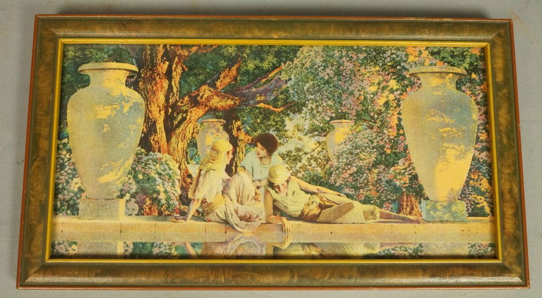 Small MAXFIELD PARRISH Print. HOUSE of ART Paper: Small MAXFIELD PARRISH Print. HOUSE of ART Paper Label. "Garden of Allah" Period frame. -- Dimensions: Image Size: H: 4 inches: W: 8 inches --- US Shipping charge: $35