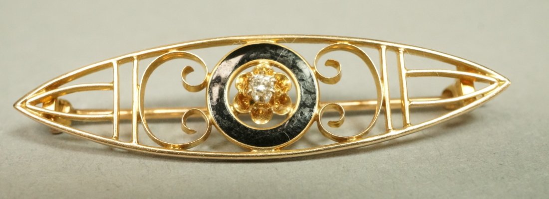 10K Gold Black Enamel Vintage Bar Pin. Small diam (1 of 5)