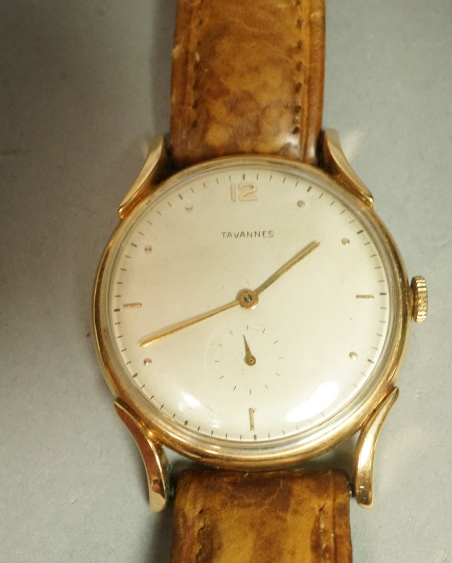 Mens Vintage 14K Gold TAVANNES Watch. Second hand: Mens Vintage 14K Gold TAVANNES Watch. Second hand. Leather Band. 14K Gold Case. Inscribed. Marked-- Dimensions: : W: 1.5 inches: L: 9.5 inches --- US Shipping charge: $10