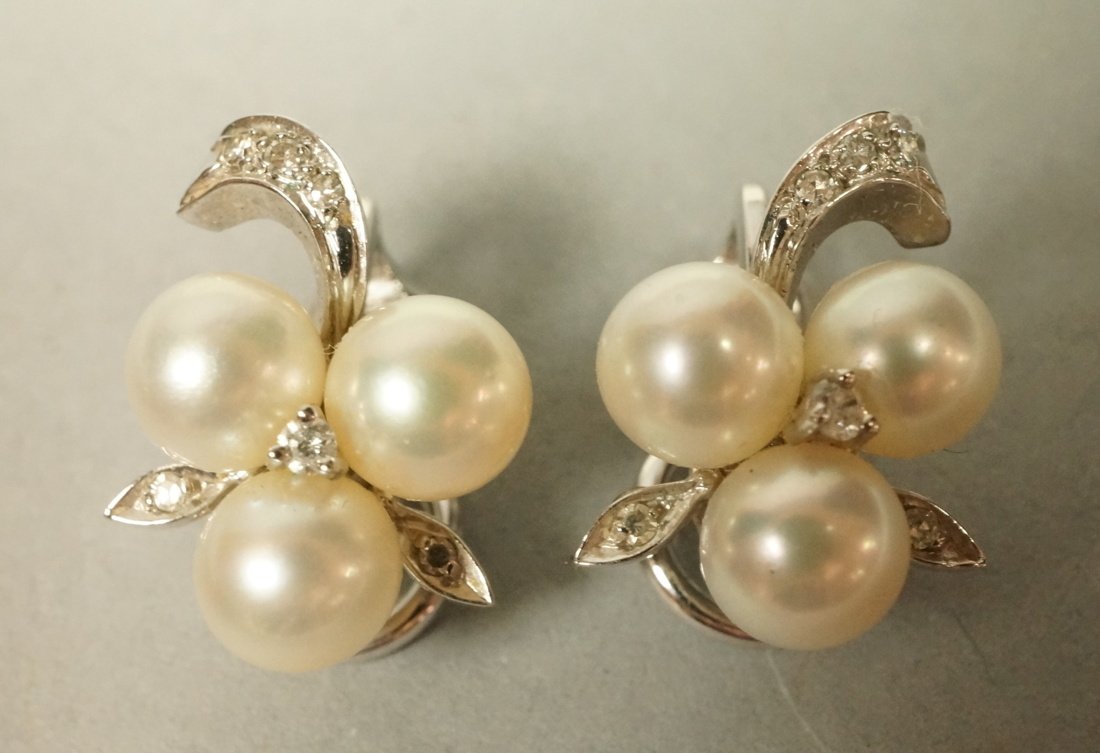 Pr 14K WG Gold Pearl & Diamond Earrings. CLIP Ear (1 of 5)