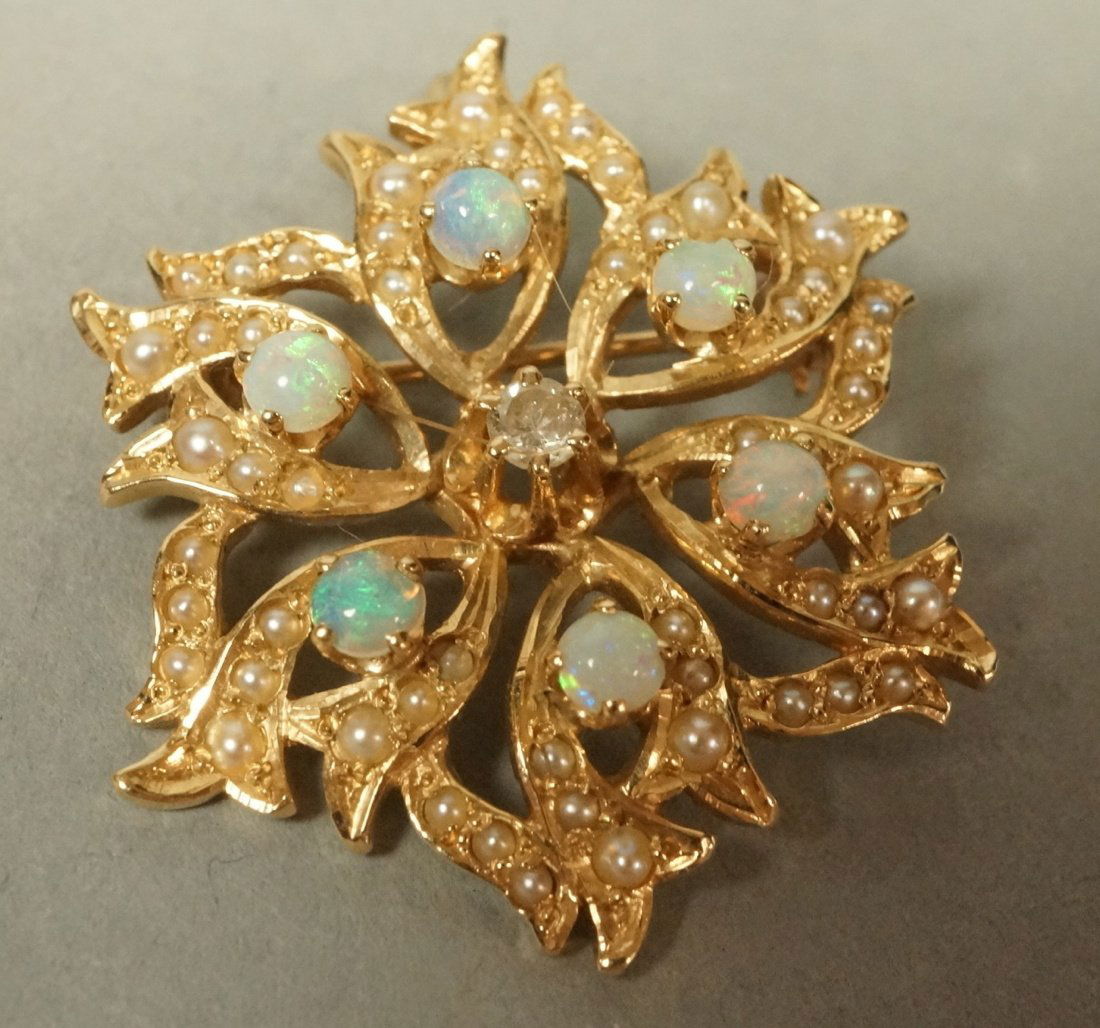 14K Gold Pin. Diamond & Opal with seed pearls. Fl (1 of 5)