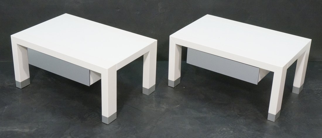 Pr Contemporary low side end tables White. Molded: Pr Contemporary low side end tables White. Molded plastic & laminate construction. One drawer.-- Dimensions: H: 12.5 inches: W: 25.5 inches: D: 16.75 inches ---