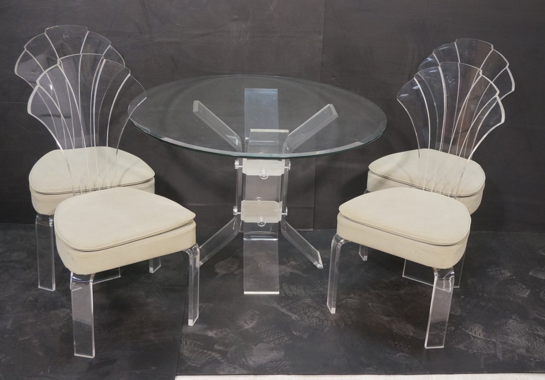 5pc HILL Style Lucite Dining Table & Chairs. 4 Ch: 5pc HILL Style Lucite Dining Table & Chairs. 4 Chairs: Shaped Shell Tall Backs with incised details. Pale gray green seats. Table has round beveled glass on four part corseted pedestal base. Frosted l