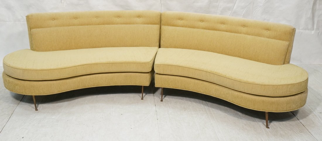 2pc Italian Sofa Couch. Federico Munari Style.: 2pc Italian Modernist Sofa Couch. Federico Munari Style. Bronze drumstick legs. Angled legs. Elegant two piece curved form. Light camel fabric. -- Dimensions: H: 28.5 inches: W: 111 inches: D: 36 inch