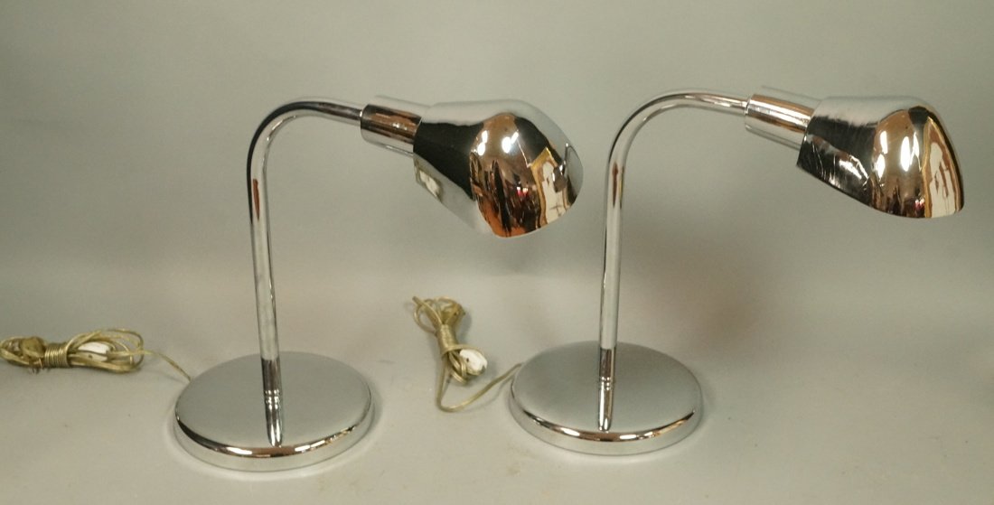 Pr Chrome Signed KOVACS Desk Lamps. Tubular arc a: Pr Chrome Signed KOVACS Desk Lamps. Tubular arc arm supports shade. One has paper label-- Dimensions: H: 14.5 inches: W: 17 inches: D: 7.5 inches ---