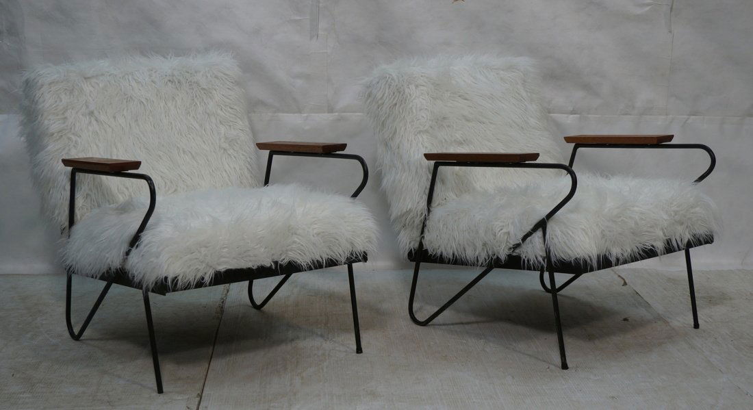 Pr Black Iron Hairpin Wood Arm Lounge Chairs. Whi (1 of 10)
