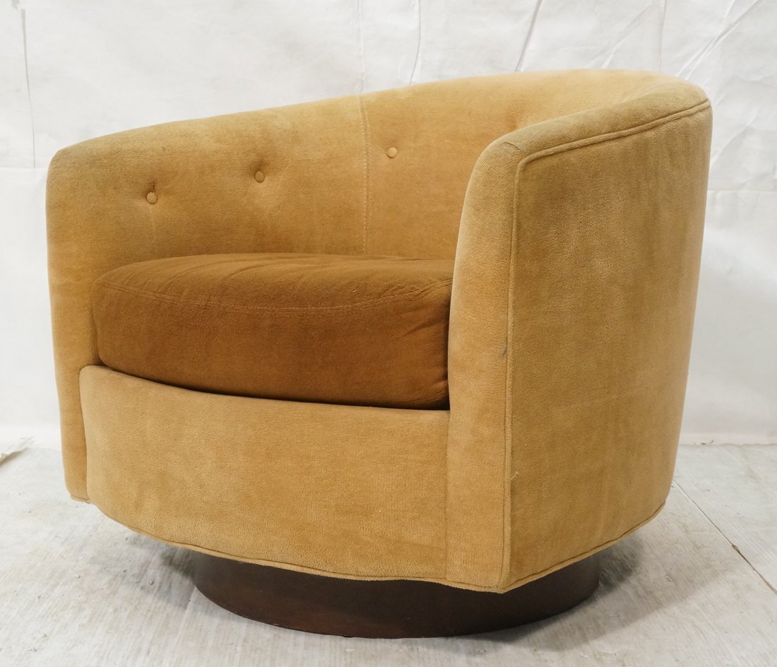 Milo Baughman style SELIG Low Barrel Back Lounge: Milo Baughman style SELIG Low Barrel Back Lounge Chair. Brown velvet on wood swivel base. Rocker. Marked Selig. -- Dimensions: H: 26 inches: W: 29 inches: D: 29 inches ---