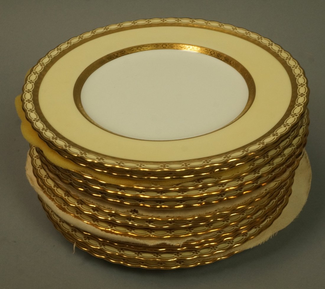 12pcs MINTONS for TIFFANY CO. English China. 9" plates: 12pcs MINTONS English China. 9" plates. White bone china with pale yellow bands with gold trim. Marked Mintons, England Tiffany & Co Retailers. -- Dimensions: H: 9 inches: W: 9 inches ---