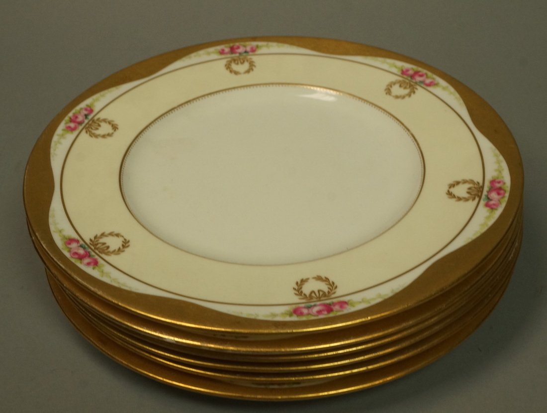 6pcs MINTONSfor TIFFANY CO. English China 10" plates.: 6pcs MINTONS English China 10" dinner plates. White bone china with pale yellow bands with pink rose paint decorations & gold trim. Marked Mintons, England -- Dimensions: H: 10 inches: W: 10 inches --