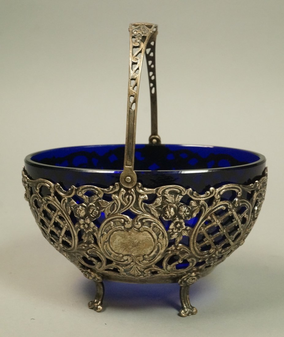 .800 Silver Fancy Basket with cobalt glass liner. (1 of 5)