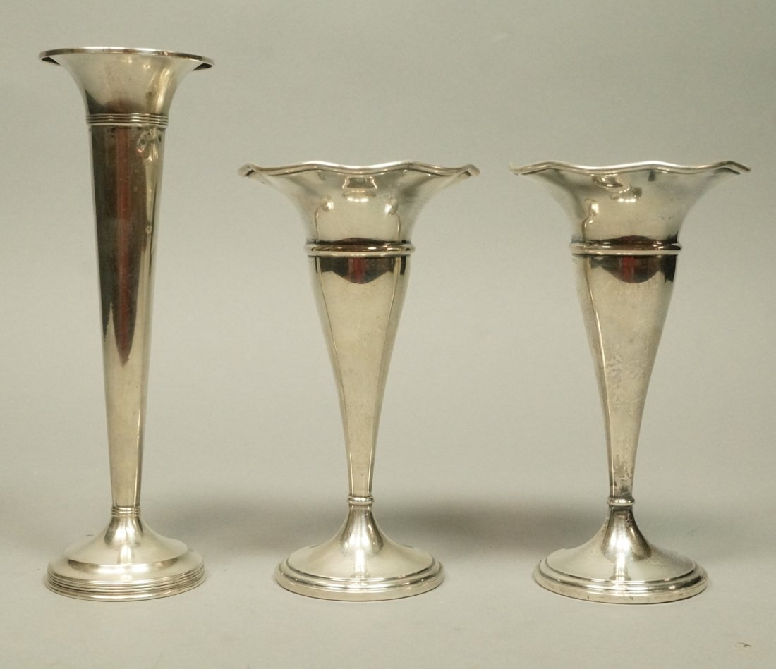 Lot Three Sterling Trumpet Vases. Pair with flare (1 of 5)