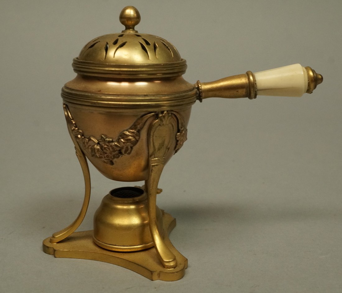 ED DIAMOND Paris Lidded Incenser. French gilt met: ED DIAMOND Paris Lidded Incenser. French gilt metal tripod form on shaped base. Pierced lid. Bone handle. Marked. -- Dimensions: H: 4 inches: W: 4.5 inches: D: 2.5 inches --- US Shipping charge: $20