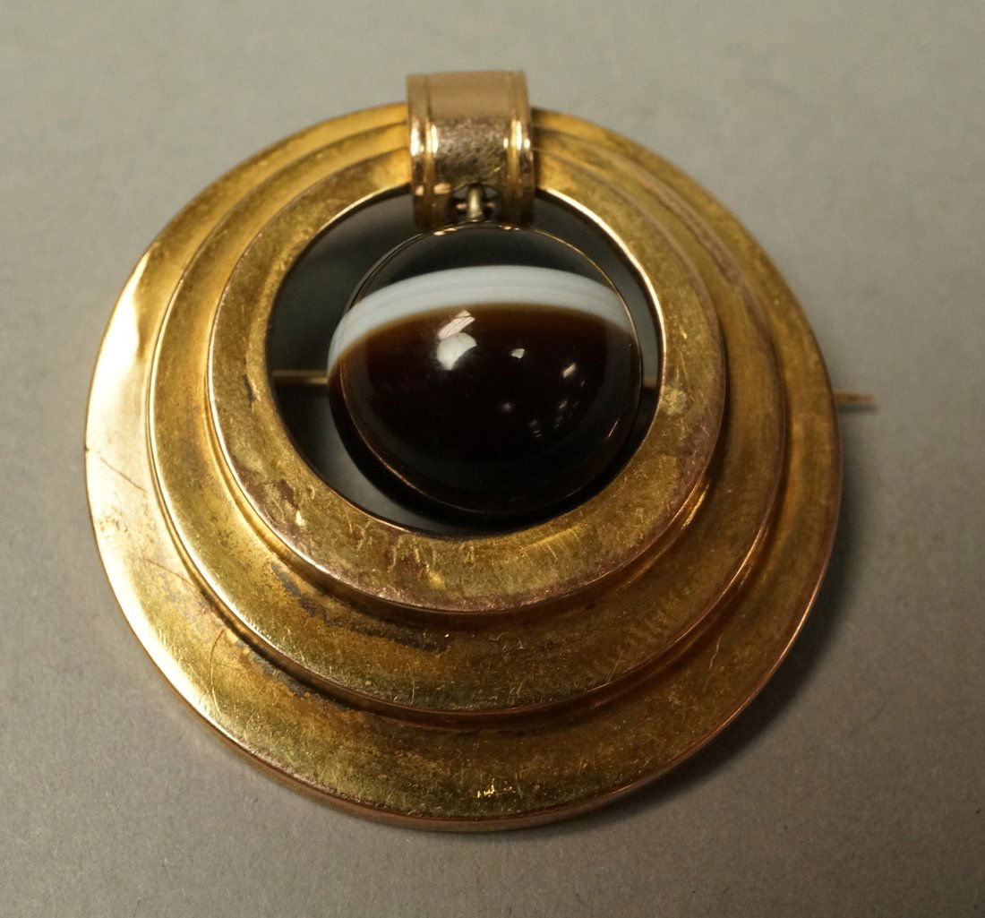 Victorian 14K Gold Circle Pin with Agate Ball. (1 of 6)