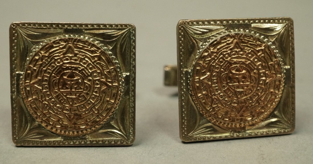 Pair Mexican Sterling and 10K Gold Cufflinks. Ma: Pair Mexican Sterling and 10K Gold Cufflinks. Mayan Design. 11.3dwt-- Dimensions: --- US Shipping charge: $20