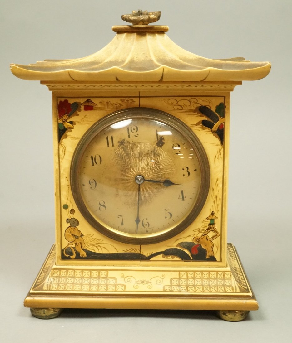 11 Jewel French Clock in Lacquered Asian Oriental: 11 Jewel French Clock in Lacquered Asian Oriental Pagoda Case. -- Dimensions: H: 9.5 inches: W: 7 inches: D: 4.5 inches --- US Shipping charge: $50