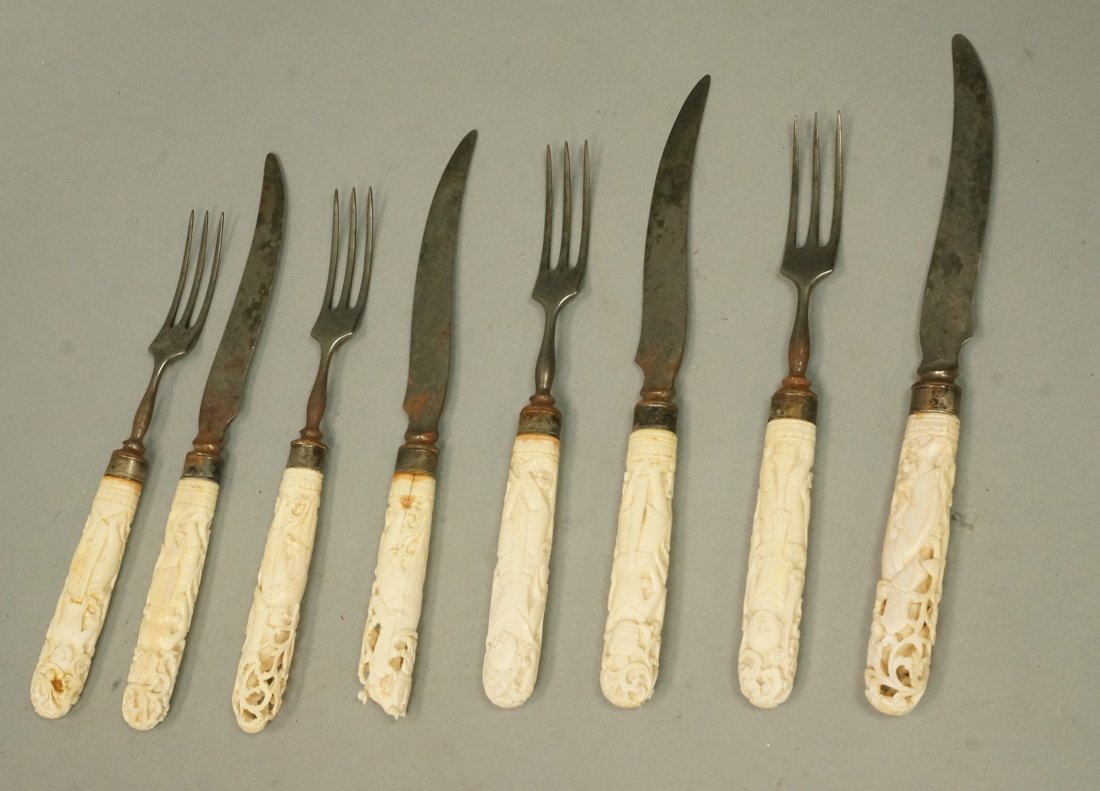 8pcs Carved Handle Flatware. Sterling bezel. Asia (1 of 6)