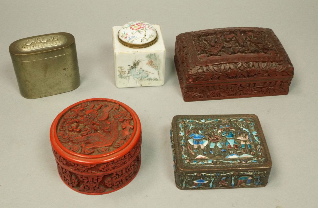Lot 5 Asian & Chinese Boxes. 1) Oval Metal box ma (1 of 10)