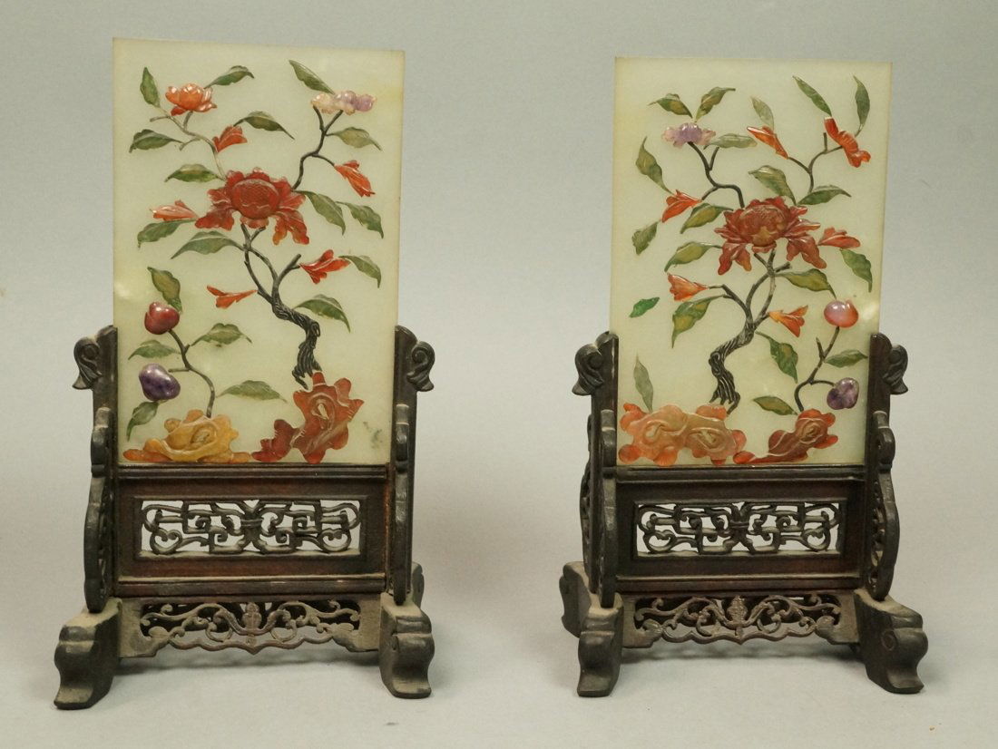 Pr Chinese Mounted Panels with hardstone carved f (1 of 6)