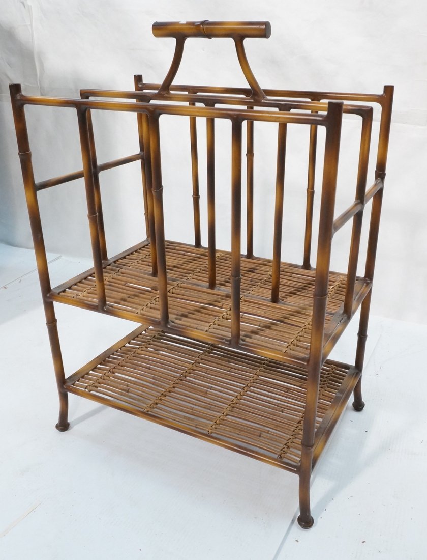 Contemporary Metal faux bamboo magazine rack. Wov: Contemporary Metal faux bamboo magazine rack. Woven wood shelf-- Dimensions: H: 28 inches: W: 19 inches: D: 12 inches ---