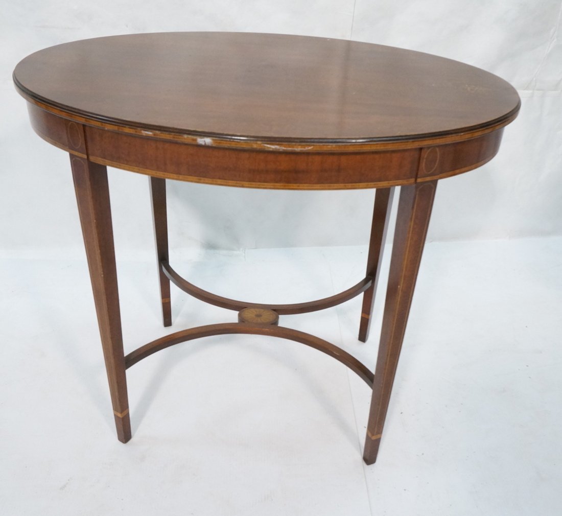 Inlaid Oval Antique Table. Bowed stretcher. Taper (1 of 7)