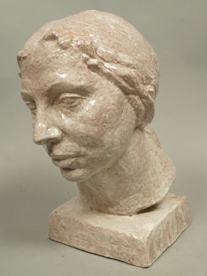 Modernist Glazed Ceramic Bust. Woman with hair pu (1 of 5)