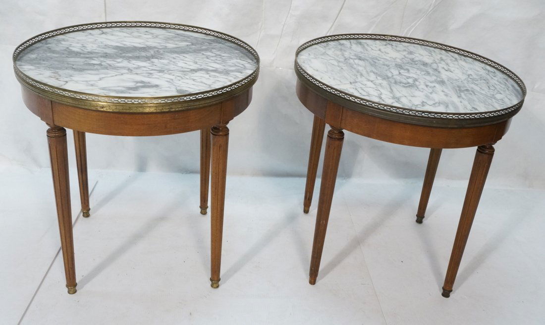 Pr Round Marble top Side Tables. Brass gallery. R (1 of 7)