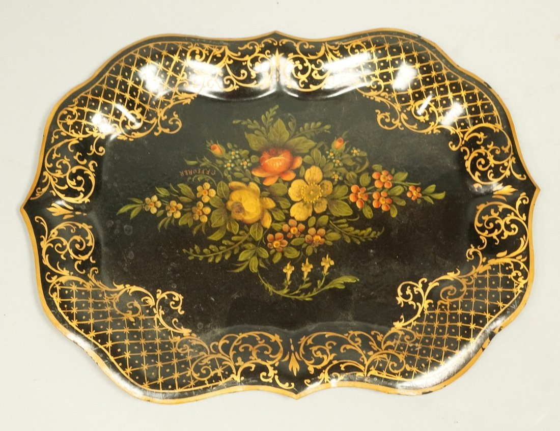 Antique C. F. FEURER Hand Painted Tole Tray. Flor (1 of 6)