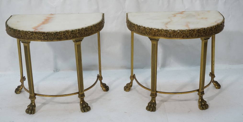 Pr Half Round Marble Top Side Tables. Heavy Brass