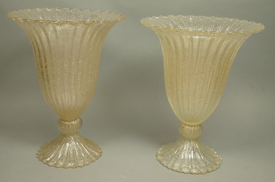 Pr Murano Art Glass Trumpet form Vases. Footed va (1 of 7)