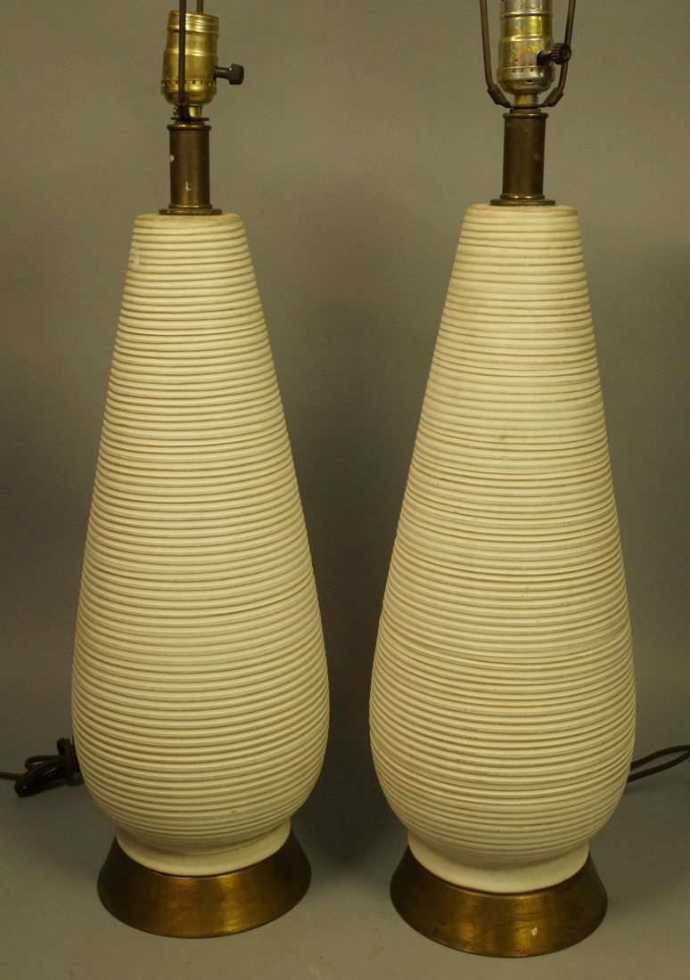 Pr Tall Ribbed Teardrop form Pottery Lamps. Off w (1 of 8)
