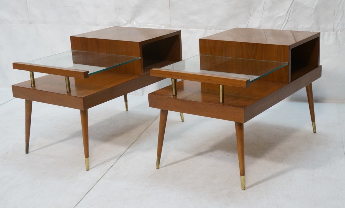 Pr Step Form Side End Tables. Walnut with brass a (1 of 10)