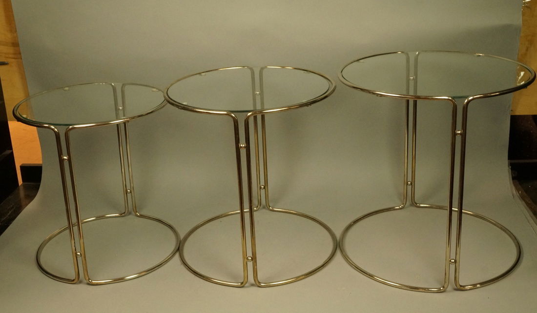 Set 3 Chrome & Inset Glass Nesting Tables. Modern (1 of 6)